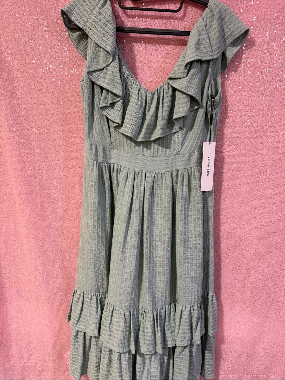Calvin Klein Sage Green Ruffle Tier Maxi Dress